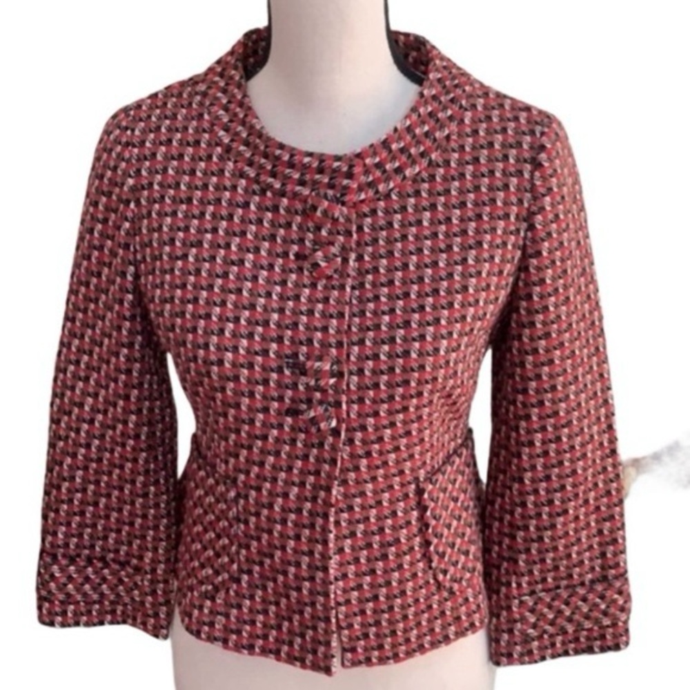 LOFT Wool Blend Tweed Blazer Jacket Red Brown Houndstooth Lined Holiday Career